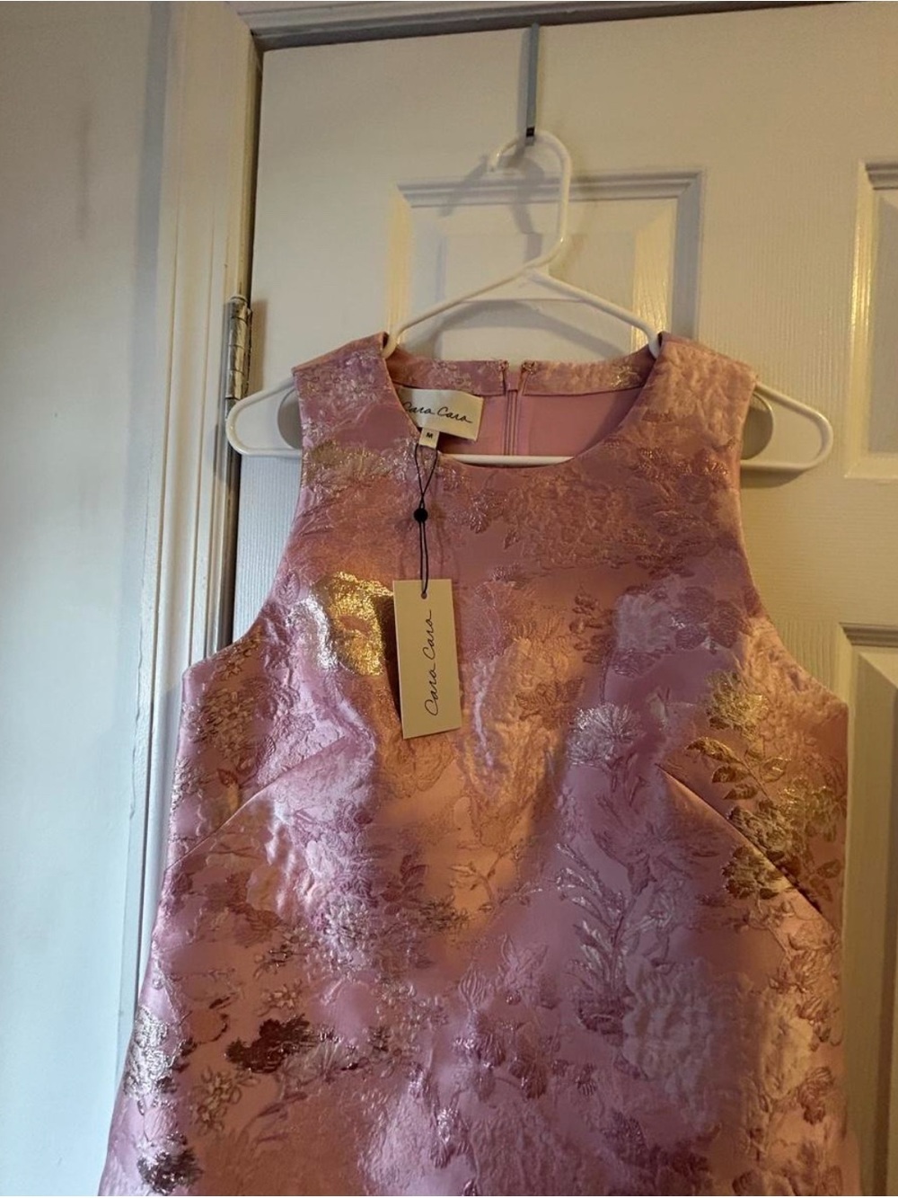 Women’s Pink Metallic Brocade Dress with Feather Hem - Picture 3 of 4